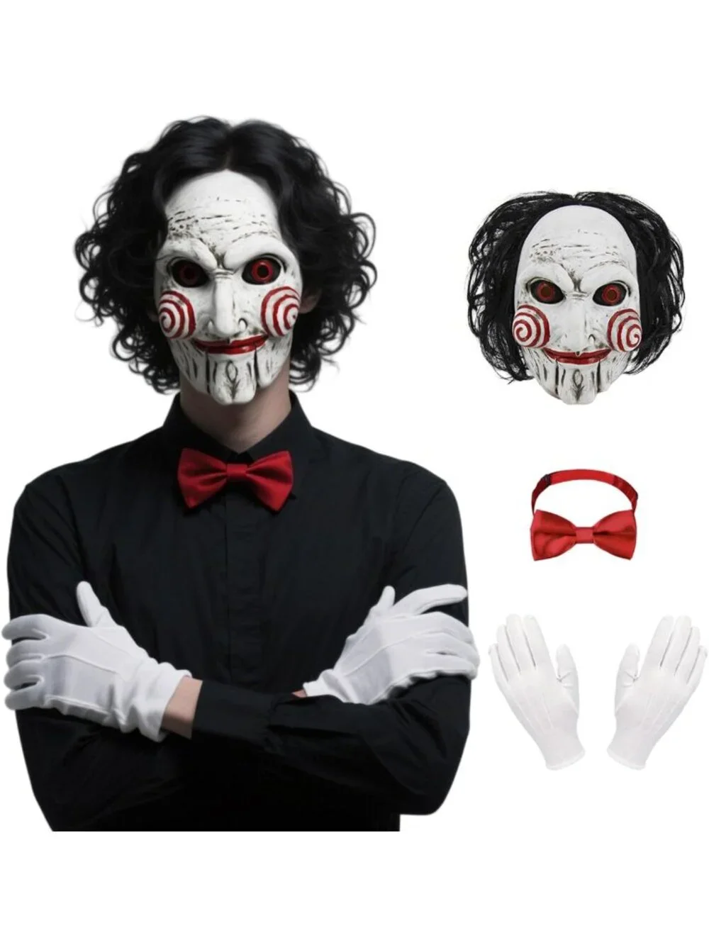 Scary Full Head Latex Mask with Hair for Halloween, Clown Puppet Cosplay Costume